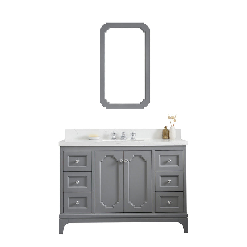 Water Creation Queen 48" Single Sink Quartz Carrara Vanity in Cashmere Grey with Matching Mirror(s) and F2-0009-01-BX Lavatory Faucet(s) VQU048QCCG02 - Model Bath