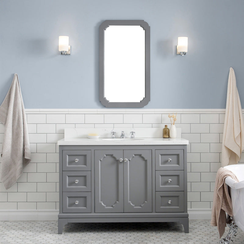 Water Creation Queen 48" Single Sink Quartz Carrara Vanity in Cashmere Grey with Matching Mirror(s) and F2-0009-01-BX Lavatory Faucet(s) VQU048QCCG02 - Model Bath