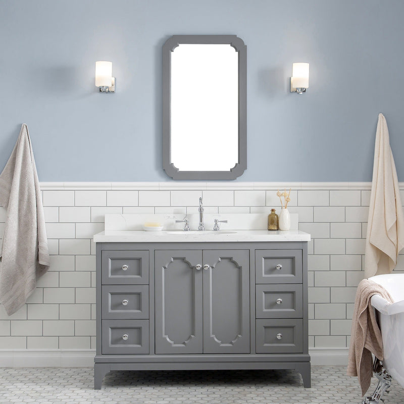 Water Creation Queen 48" Single Sink Quartz Carrara Vanity in Cashmere Grey with Matching Mirror(s) and F2-0012-01-TL Lavatory Faucet(s) VQU048QCCG43 - Model Bath