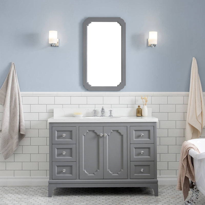 Water Creation Queen 48" Single Sink Quartz Carrara Vanity in Cashmere Grey with Matching Mirror(s) and F2-0013-01-FX Lavatory Faucet(s) VQU048QCCG68 - Model Bath