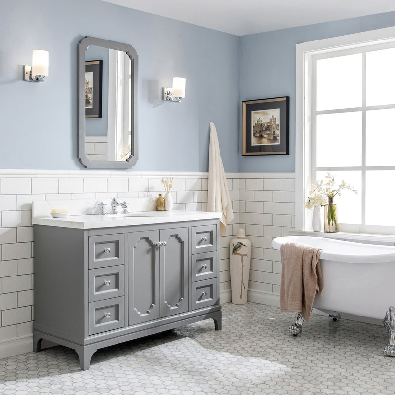 Water Creation Queen 48" Single Sink Quartz Carrara Vanity in Cashmere Grey with Matching Mirror(s) and F2-0013-01-FX Lavatory Faucet(s) VQU048QCCG68 - Model Bath