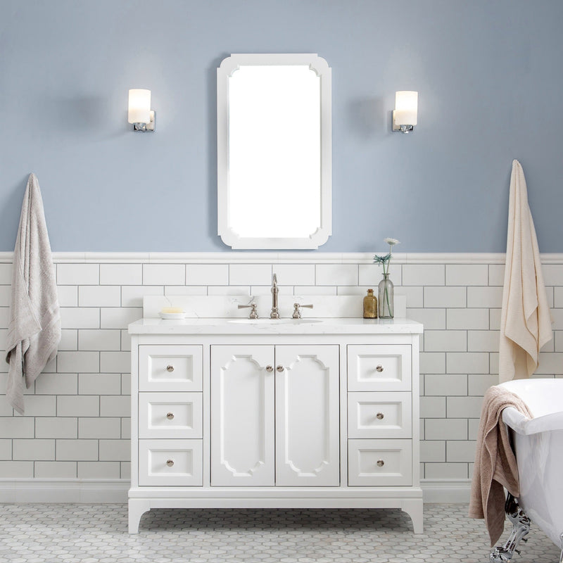Water Creation Queen 48" Single Sink Quartz Carrara Vanity in Pure White with F2-0012-05-TL Lavatory Faucet(s) VQU048QCPW57 - Model Bath