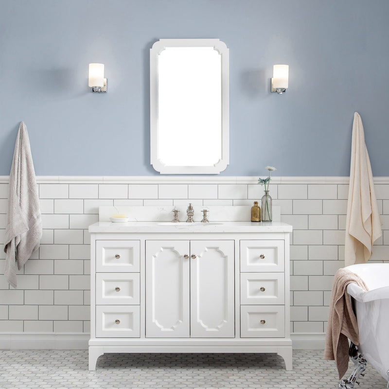 Water Creation Queen 48" Single Sink Quartz Carrara Vanity in Pure White with F2-0013-05-FX Lavatory Faucet(s) VQU048QCPW62 - Model Bath