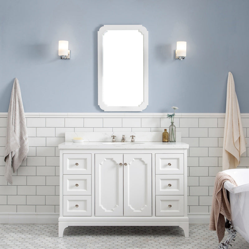 Water Creation Queen 48" Single Sink Quartz Carrara Vanity in Pure White with Matching Mirror(s) and F2-0009-05-BX Lavatory Faucet(s) VQU048QCPW48 - Model Bath
