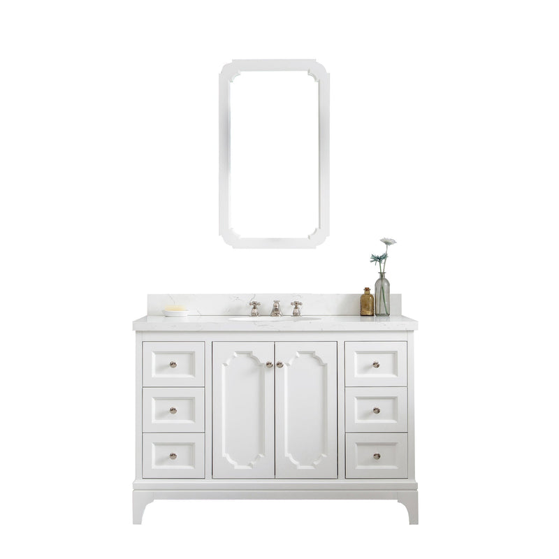 Water Creation Queen 48" Single Sink Quartz Carrara Vanity in Pure White with Matching Mirror(s) and F2-0009-05-BX Lavatory Faucet(s) VQU048QCPW48 - Model Bath
