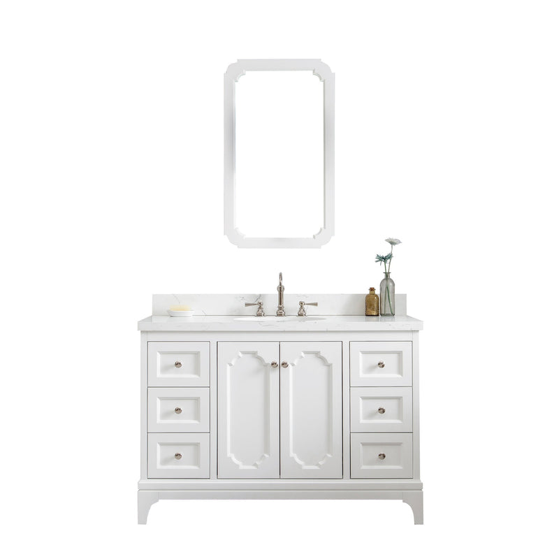 Water Creation Queen 48" Single Sink Quartz Carrara Vanity in Pure White with Matching Mirror(s) and F2-0012-05-TL Lavatory Faucet(s) VQU048QCPW53 - Model Bath