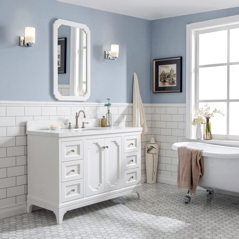 Water Creation Queen 48" Single Sink Quartz Carrara Vanity in Pure White with Matching Mirror(s) and F2-0012-05-TL Lavatory Faucet(s) VQU048QCPW53 - Model Bath