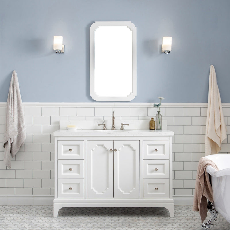 Water Creation Queen 48" Single Sink Quartz Carrara Vanity in Pure White with Matching Mirror(s) and F2-0012-05-TL Lavatory Faucet(s) VQU048QCPW53 - Model Bath