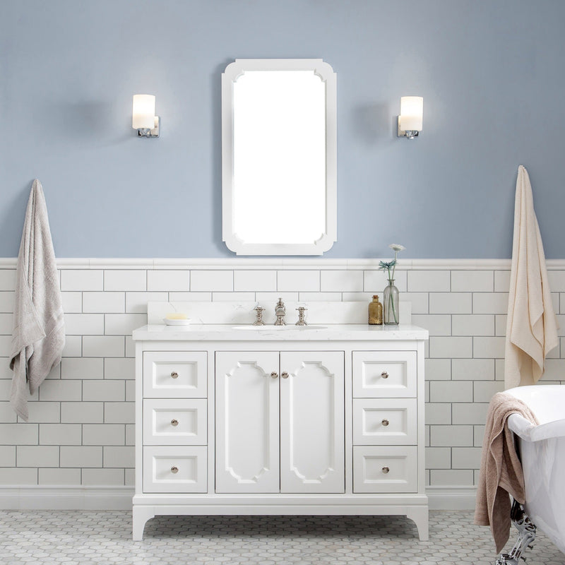 Water Creation Queen 48" Single Sink Quartz Carrara Vanity in Pure White with Matching Mirror(s) and F2-0013-05-FX Lavatory Faucet(s) VQU048QCPW58 - Model Bath