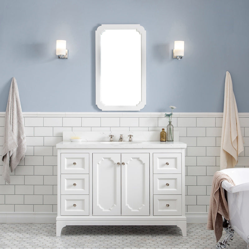 Water Creation Queen 48" Single Sink Quartz Carrara Vanity in Pure White with Matching Mirror(s) VQU048QCPW01 - Model Bath