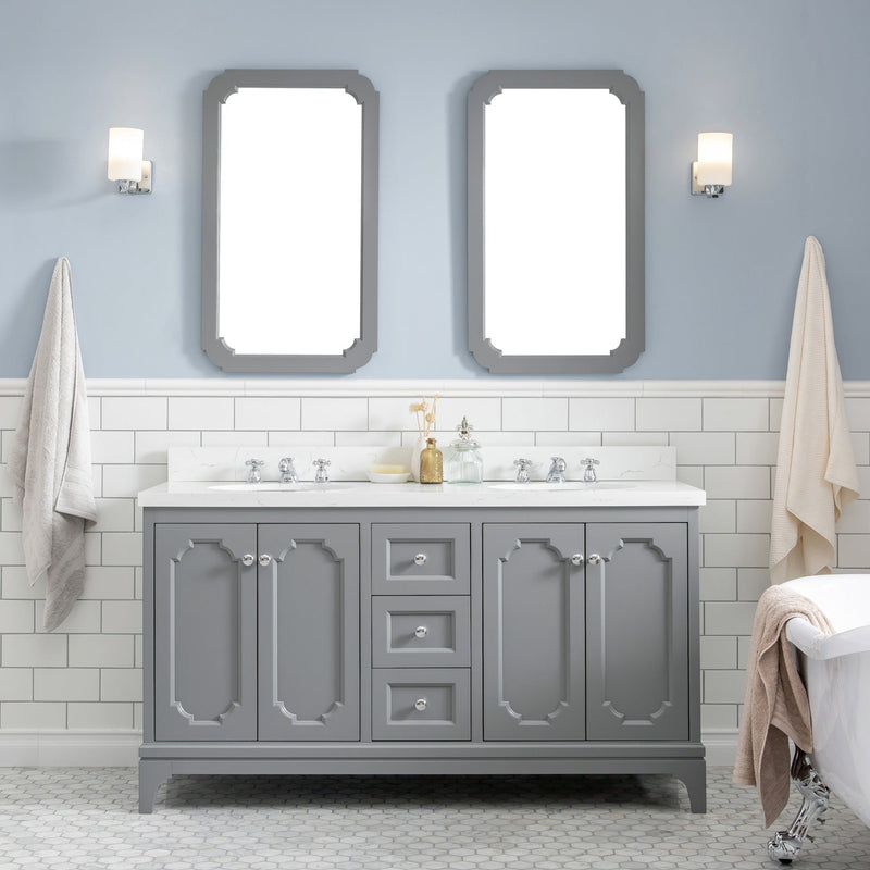 Water Creation Queen 60" Double Sink Quartz Carrara Vanity in Cashmere Grey VQU060QCCG00 - Model Bath