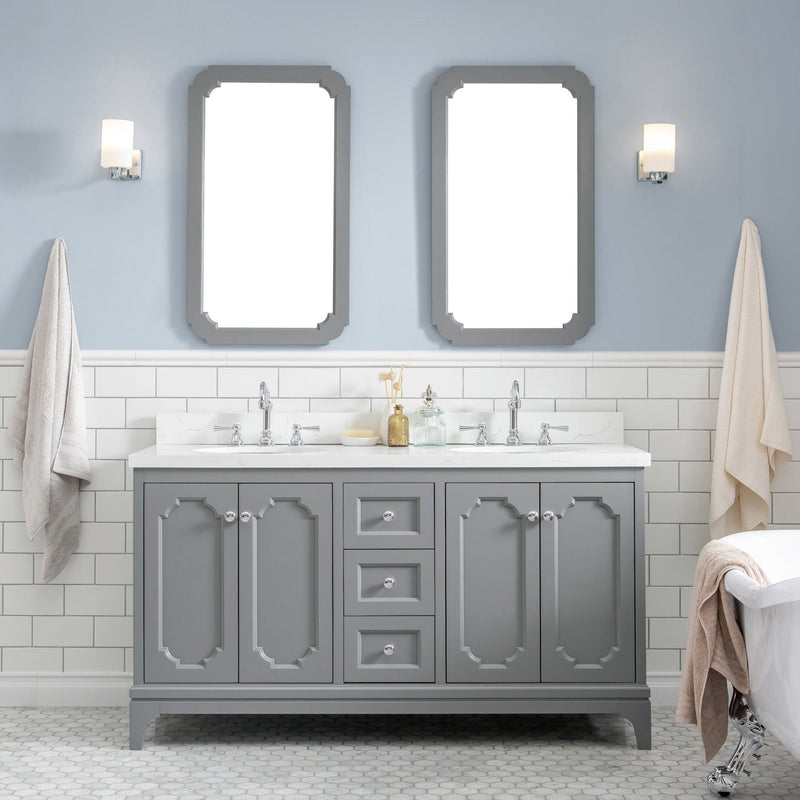 Water Creation Queen 60" Double Sink Quartz Carrara Vanity in Cashmere Grey VQU060QCCG00 - Model Bath