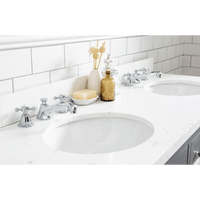 Water Creation Queen 60" Double Sink Quartz Carrara Vanity in Cashmere Grey with F2-0009-01-BX Lavatory Faucet(s) VQU060QCCG07 - Model Bath