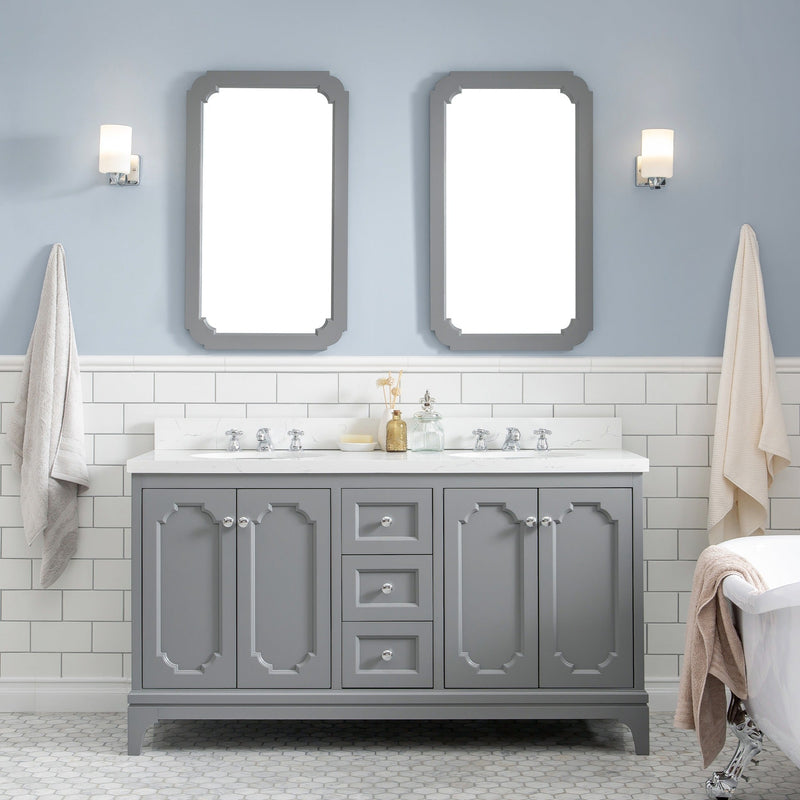 Water Creation Queen 60" Double Sink Quartz Carrara Vanity in Cashmere Grey with F2-0009-01-BX Lavatory Faucet(s) VQU060QCCG07 - Model Bath
