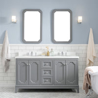 Water Creation Queen 60" Double Sink Quartz Carrara Vanity in Cashmere Grey with F2-0013-01-FX Lavatory Faucet(s) VQU060QCCG72 - Model Bath