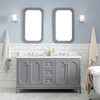 Water Creation Queen 60" Double Sink Quartz Carrara Vanity in Cashmere Grey with Matching Mirror(s) and F2-0009-01-BX Lavatory Faucet(s) VQU060QCCG05 - Model Bath