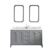 Water Creation Queen 60" Double Sink Quartz Carrara Vanity in Cashmere Grey with Matching Mirror(s) and F2-0009-01-BX Lavatory Faucet(s) VQU060QCCG05 - Model Bath