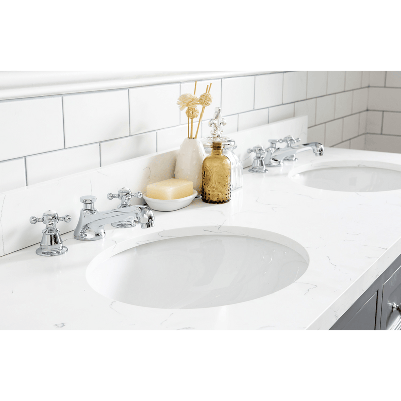 Water Creation Queen 60" Double Sink Quartz Carrara Vanity in Cashmere Grey with Matching Mirror(s) and F2-0009-01-BX Lavatory Faucet(s) VQU060QCCG05 - Model Bath