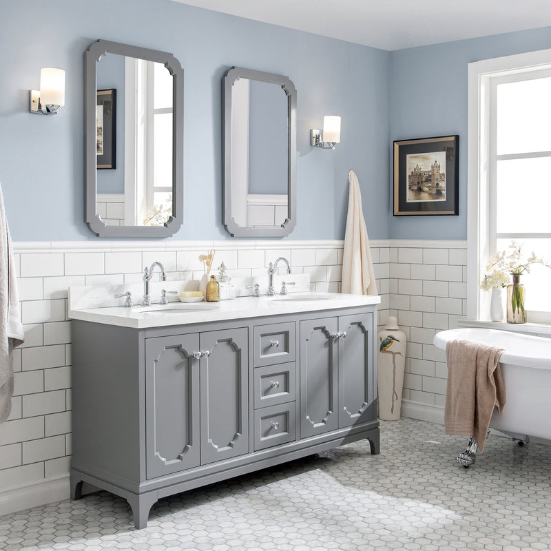 Water Creation Queen 60" Double Sink Quartz Carrara Vanity in Cashmere Grey with Matching Mirror(s) and F2-0012-01-TL Lavatory Faucet(s) VQU060QCCG45 - Model Bath