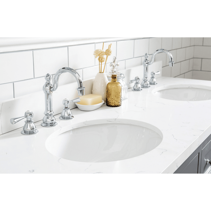 Water Creation Queen 60" Double Sink Quartz Carrara Vanity in Cashmere Grey with Matching Mirror(s) and F2-0012-01-TL Lavatory Faucet(s) VQU060QCCG45 - Model Bath