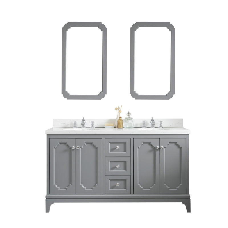 Water Creation Queen 60" Double Sink Quartz Carrara Vanity in Cashmere Grey with Matching Mirror(s) and F2-0013-01-FX Lavatory Faucet(s) VQU060QCCG70 - Model Bath