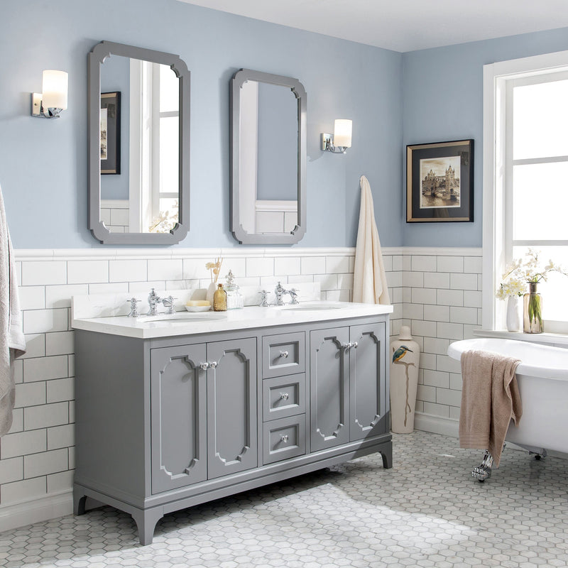 Water Creation Queen 60" Double Sink Quartz Carrara Vanity in Cashmere Grey with Matching Mirror(s) and F2-0013-01-FX Lavatory Faucet(s) VQU060QCCG70 - Model Bath