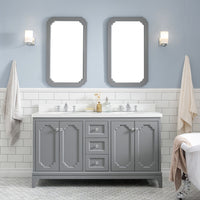 Water Creation Queen 60" Double Sink Quartz Carrara Vanity in Cashmere Grey with Matching Mirror(s) and F2-0013-01-FX Lavatory Faucet(s) VQU060QCCG70 - Model Bath