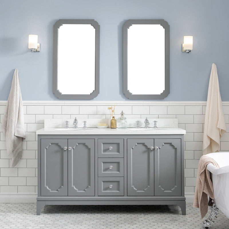 Water Creation Queen 60" Double Sink Quartz Carrara Vanity in Cashmere Grey with Matching Mirror(s) and F2-0013-01-FX Lavatory Faucet(s) VQU060QCCG70 - Model Bath
