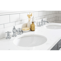 Water Creation Queen 60" Double Sink Quartz Carrara Vanity in Cashmere Grey with Matching Mirror(s) and F2-0013-01-FX Lavatory Faucet(s) VQU060QCCG70 - Model Bath