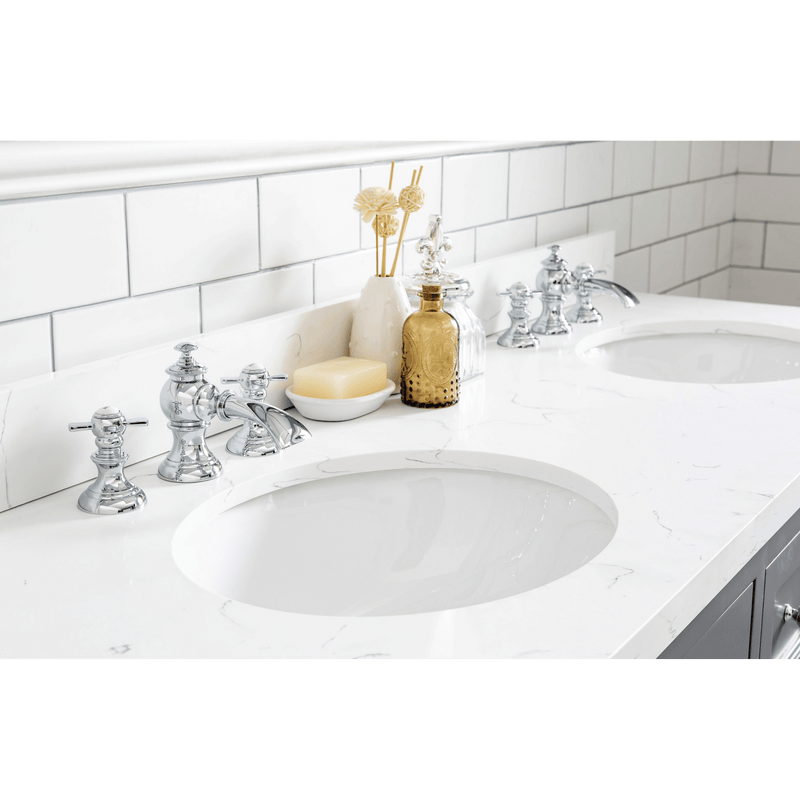 Water Creation Queen 60" Double Sink Quartz Carrara Vanity in Cashmere Grey with Matching Mirror(s) and F2-0013-01-FX Lavatory Faucet(s) VQU060QCCG70 - Model Bath