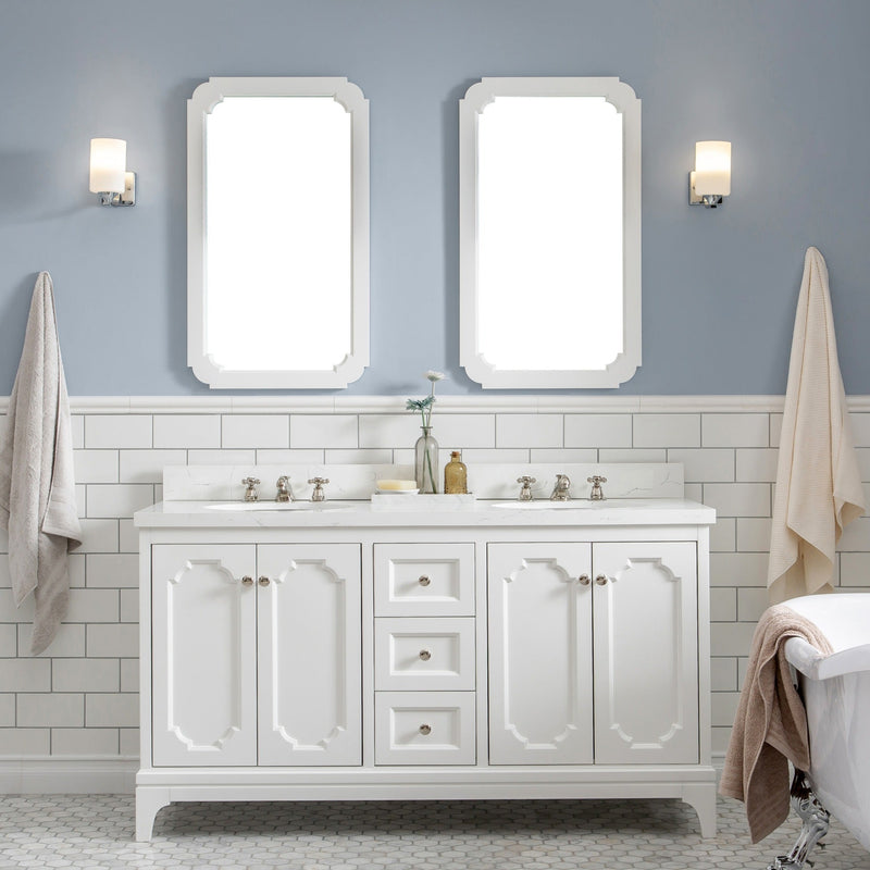 Water Creation Queen 60" Double Sink Quartz Carrara Vanity in Pure White with F2-0009-05-BX Lavatory Faucet(s) VQU060QCPW52 - Model Bath