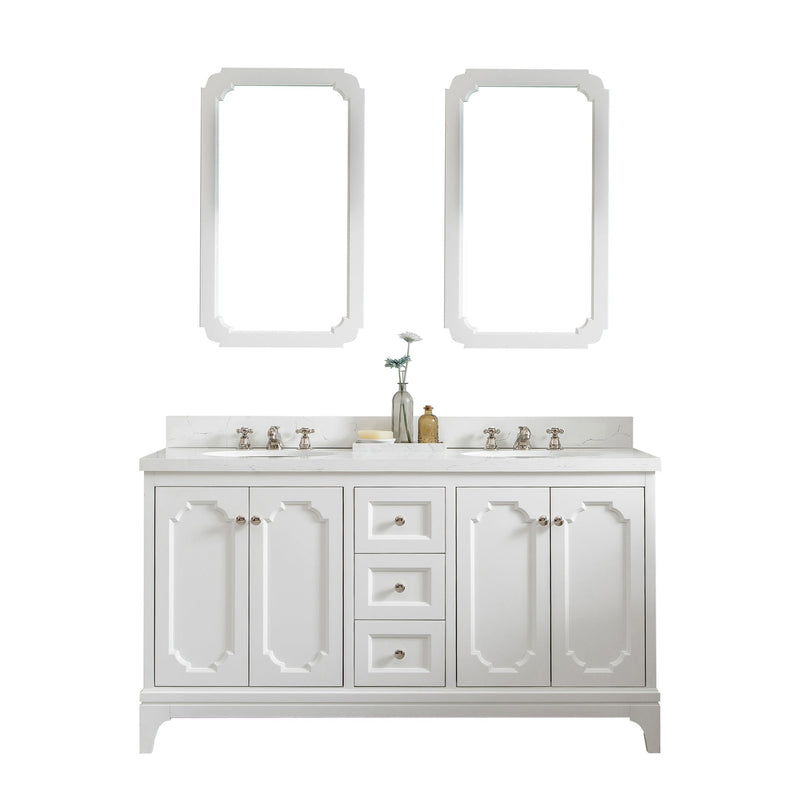 Water Creation Queen 60" Double Sink Quartz Carrara Vanity in Pure White with F2-0009-05-BX Lavatory Faucet(s) VQU060QCPW52 - Model Bath
