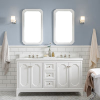 Water Creation Queen 60" Double Sink Quartz Carrara Vanity in Pure White with Matching Mirror(s) and F2-0009-05-BX Lavatory Faucet(s) VQU060QCPW50 - Model Bath