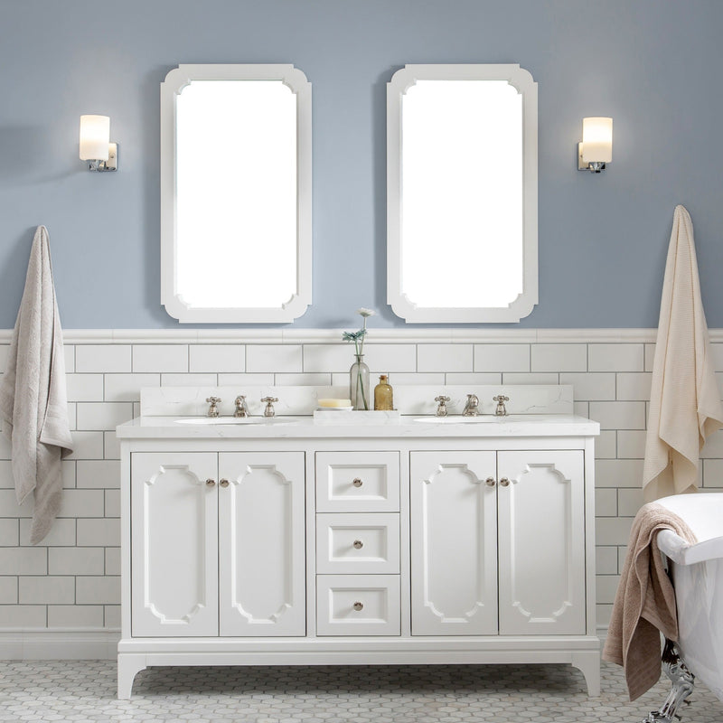 Water Creation Queen 60" Double Sink Quartz Carrara Vanity in Pure White with Matching Mirror(s) and F2-0009-05-BX Lavatory Faucet(s) VQU060QCPW50 - Model Bath