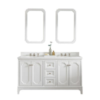Water Creation Queen 60" Double Sink Quartz Carrara Vanity in Pure White with Matching Mirror(s) and F2-0009-05-BX Lavatory Faucet(s) VQU060QCPW50 - Model Bath