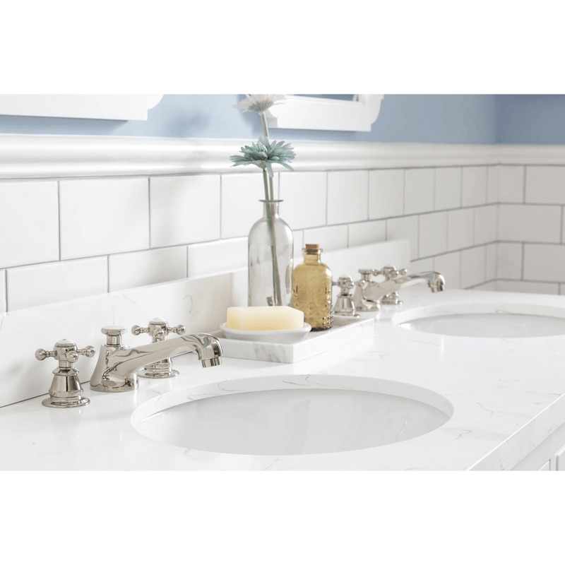 Water Creation Queen 60" Double Sink Quartz Carrara Vanity in Pure White with Matching Mirror(s) and F2-0009-05-BX Lavatory Faucet(s) VQU060QCPW50 - Model Bath