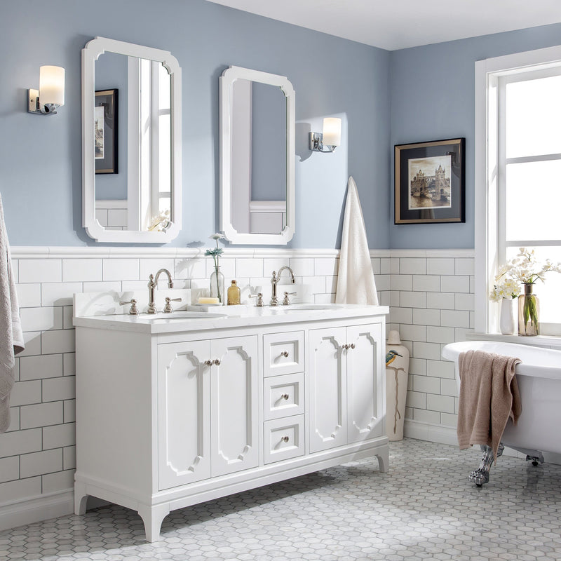 Water Creation Queen 60" Double Sink Quartz Carrara Vanity in Pure White with Matching Mirror(s) and F2-0012-05-TL Lavatory Faucet(s) VQU060QCPW55 - Model Bath