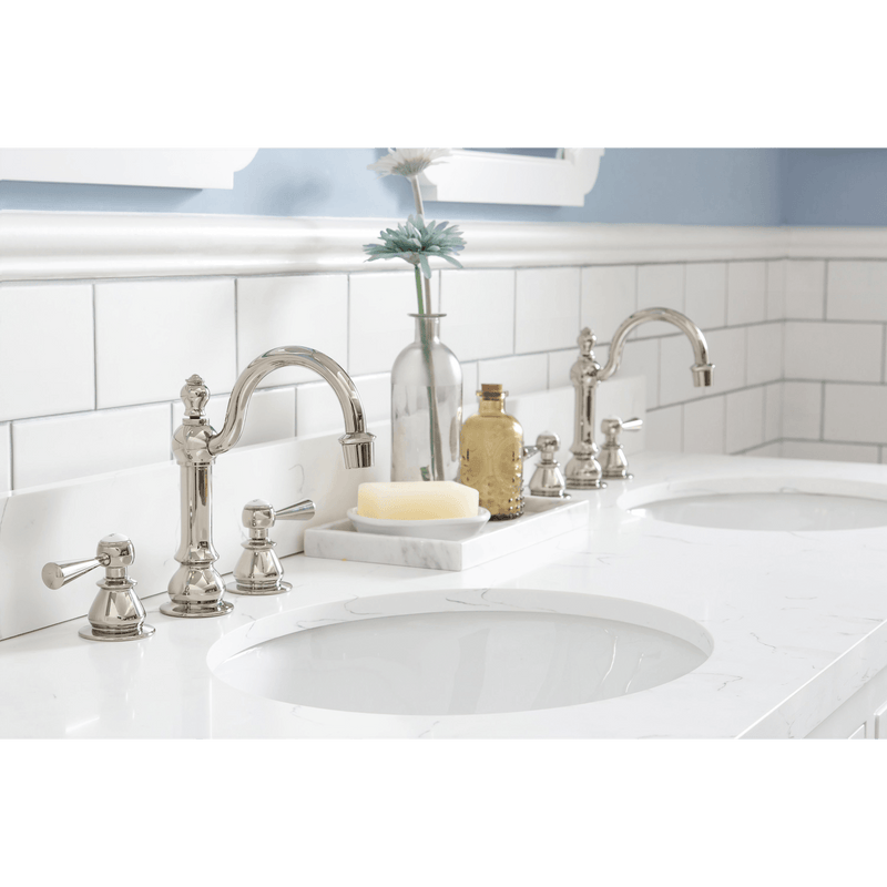 Water Creation Queen 60" Double Sink Quartz Carrara Vanity in Pure White with Matching Mirror(s) and F2-0012-05-TL Lavatory Faucet(s) VQU060QCPW55 - Model Bath