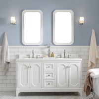 Water Creation Queen 60" Double Sink Quartz Carrara Vanity in Pure White with Matching Mirror(s) and F2-0012-05-TL Lavatory Faucet(s) VQU060QCPW55 - Model Bath