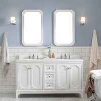 Water Creation Queen 60" Double Sink Quartz Carrara Vanity in Pure White with Matching Mirror(s) and F2-0013-05-FX Lavatory Faucet(s) VQU060QCPW60 - Model Bath