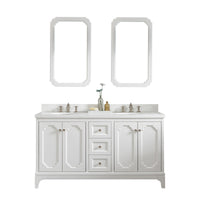 Water Creation Queen 60" Double Sink Quartz Carrara Vanity in Pure White with Matching Mirror(s) and F2-0013-05-FX Lavatory Faucet(s) VQU060QCPW60 - Model Bath