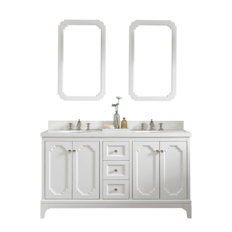 Water Creation Queen 60" Double Sink Quartz Carrara Vanity in Pure White with Matching Mirror(s) and F2-0013-05-FX Lavatory Faucet(s) VQU060QCPW60 - Model Bath