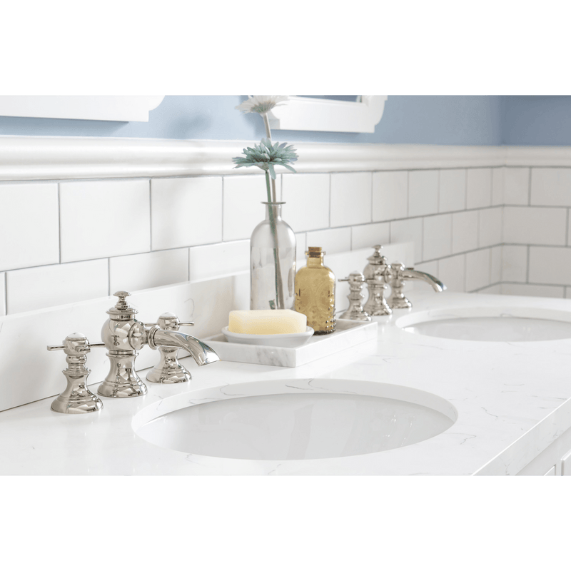 Water Creation Queen 60" Double Sink Quartz Carrara Vanity in Pure White with Matching Mirror(s) and F2-0013-05-FX Lavatory Faucet(s) VQU060QCPW60 - Model Bath