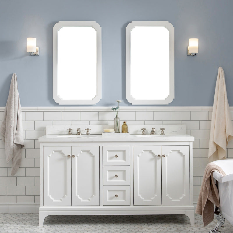 Water Creation Queen 60" Double Sink Quartz Carrara Vanity in Pure White with Matching Mirror(s) VQU060QCPW04 - Model Bath