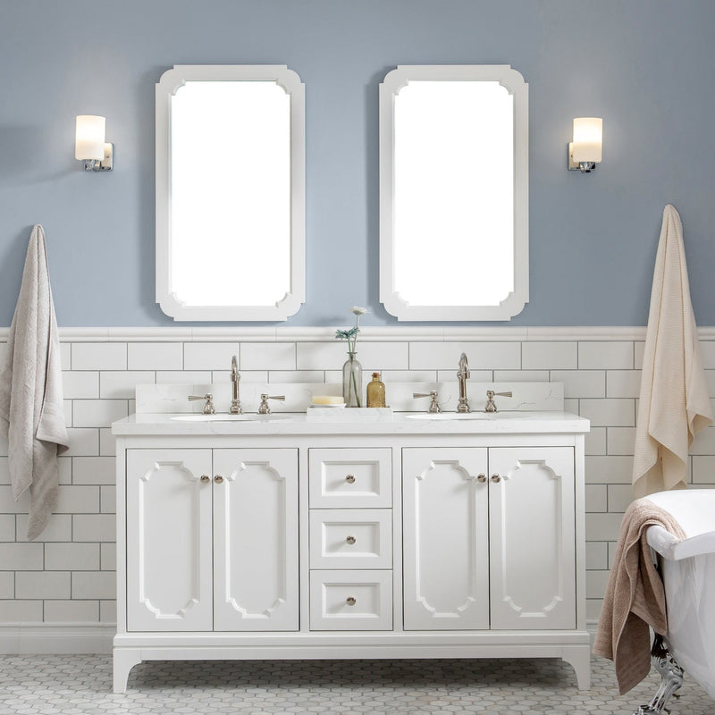 Water Creation Queen 60" Double Sink Quartz Carrara Vanity in Pure White with Matching Mirror(s) VQU060QCPW04 - Model Bath