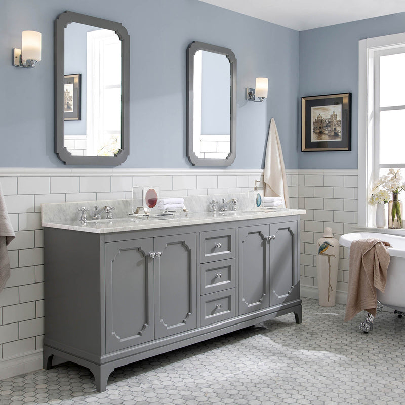 Water Creation Queen 72" Double Sink Carrara White Marble Vanity in Cashmere Grey VQU072CWCG00 - Model Bath