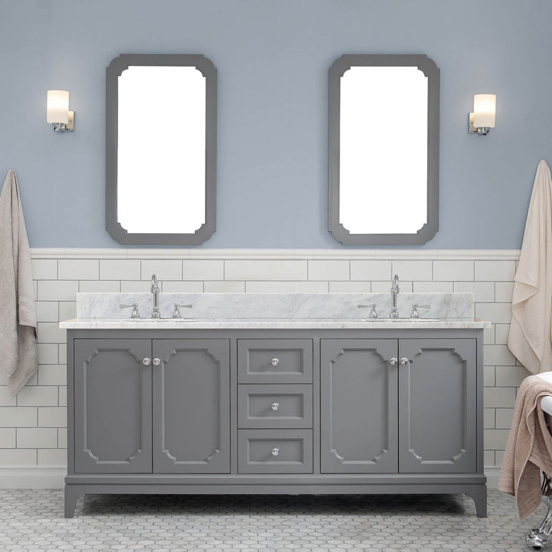 Water Creation Queen 72" Double Sink Carrara White Marble Vanity in Cashmere Grey VQU072CWCG00 - Model Bath