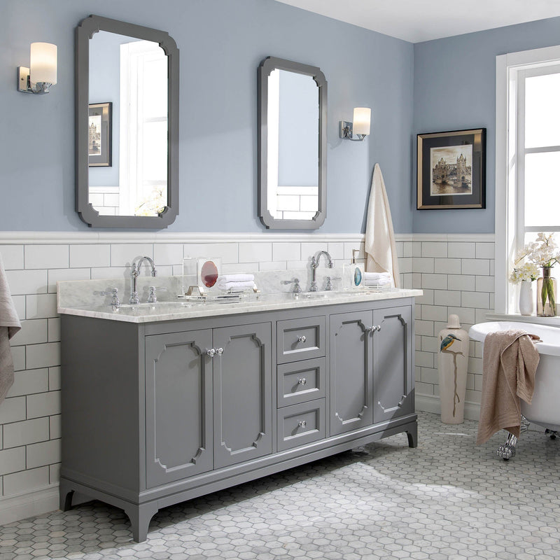 Water Creation Queen 72" Double Sink Carrara White Marble Vanity in Cashmere Grey VQU072CWCG00 - Model Bath