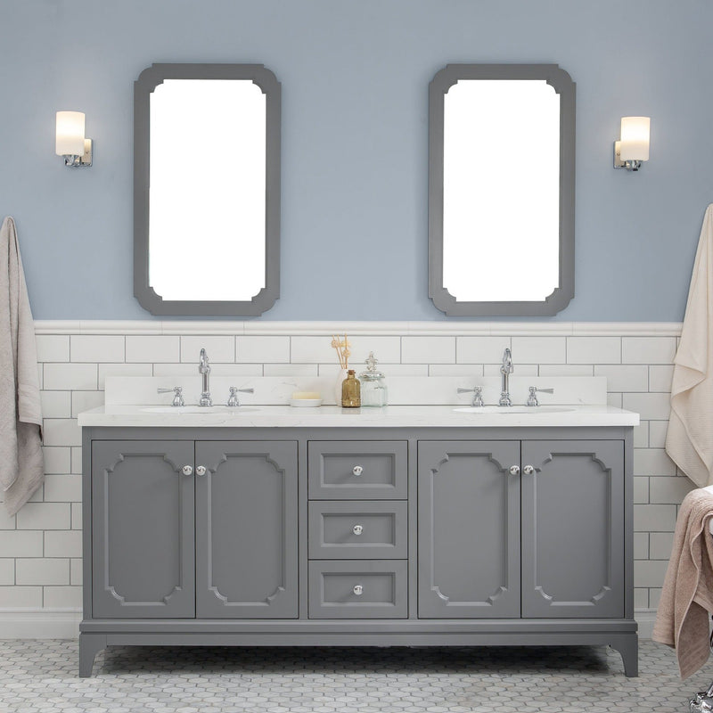 Water Creation Queen 72" Double Sink Quartz Carrara Vanity in Cashmere Grey VQU072QCCG00 - Model Bath