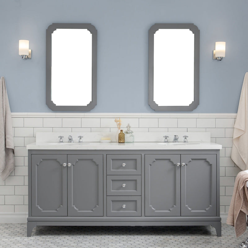 Water Creation Queen 72" Double Sink Quartz Carrara Vanity in Cashmere Grey with F2-0009-01-BX Lavatory Faucet(s) VQU072QCCG07 - Model Bath